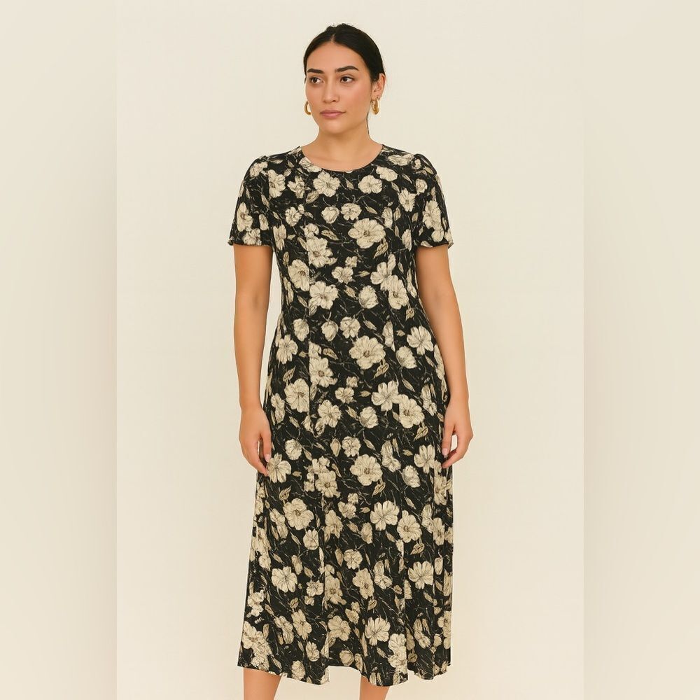 Rampage Vintage Black And Cream Short Sleeve Floral Midi Dress Size M